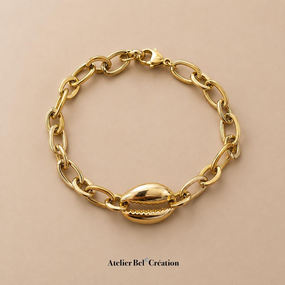 Bracelet large shell pendant, large link chain, golden stainless steel