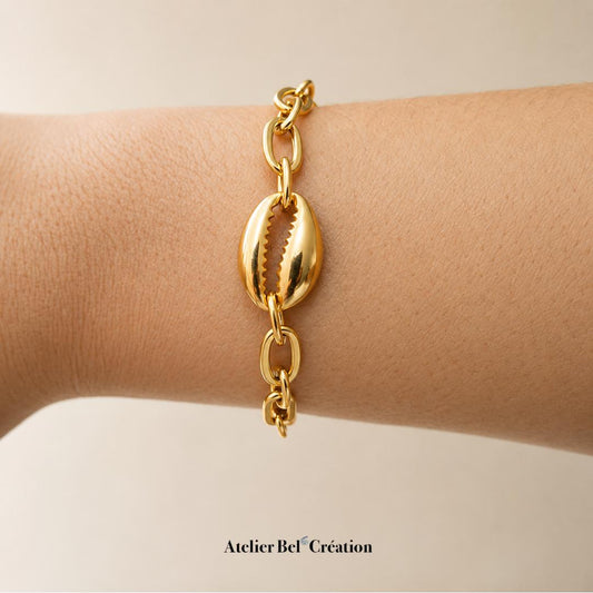 Bracelet large shell pendant, large link chain, golden stainless steel