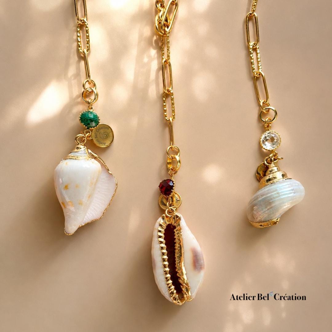 Natural shell necklace gold stainless steel gemstone pendant garnet clear quartz aventurine boho beach jewelry