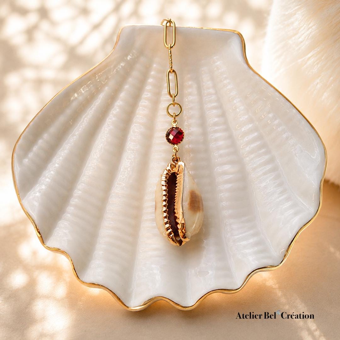 Natural shell necklace gold stainless steel gemstone pendant garnet clear quartz aventurine boho beach jewelry
