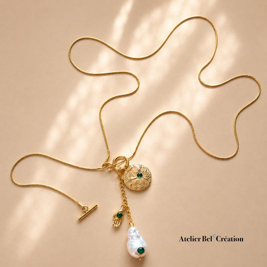 Toggle necklace freshwater pearl emerald charm long gold stainless steel talisman boho coastal jewelry