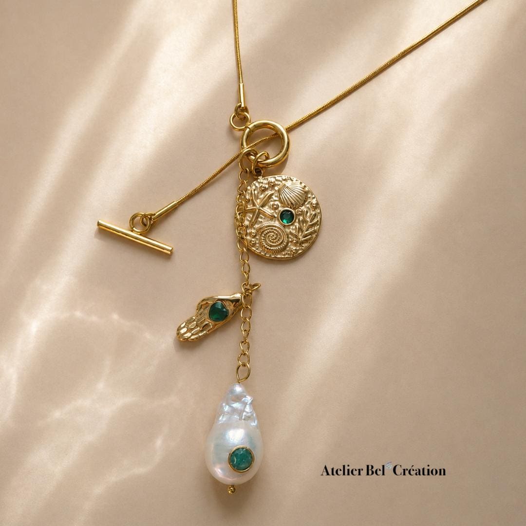 Toggle necklace freshwater pearl emerald charm long gold stainless steel talisman boho coastal jewelry