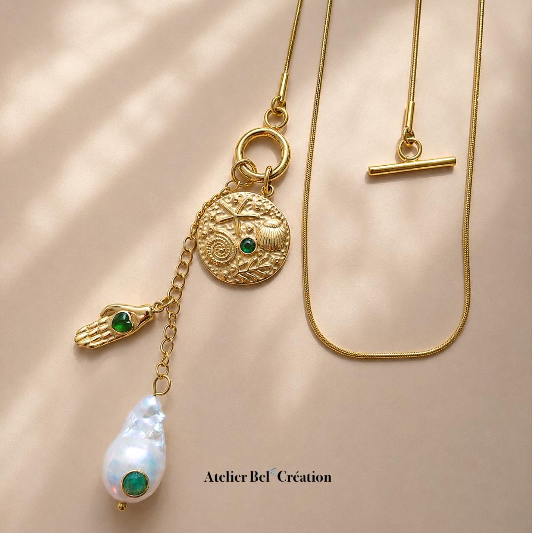 Toggle necklace freshwater pearl emerald charm long gold stainless steel talisman boho coastal jewelry