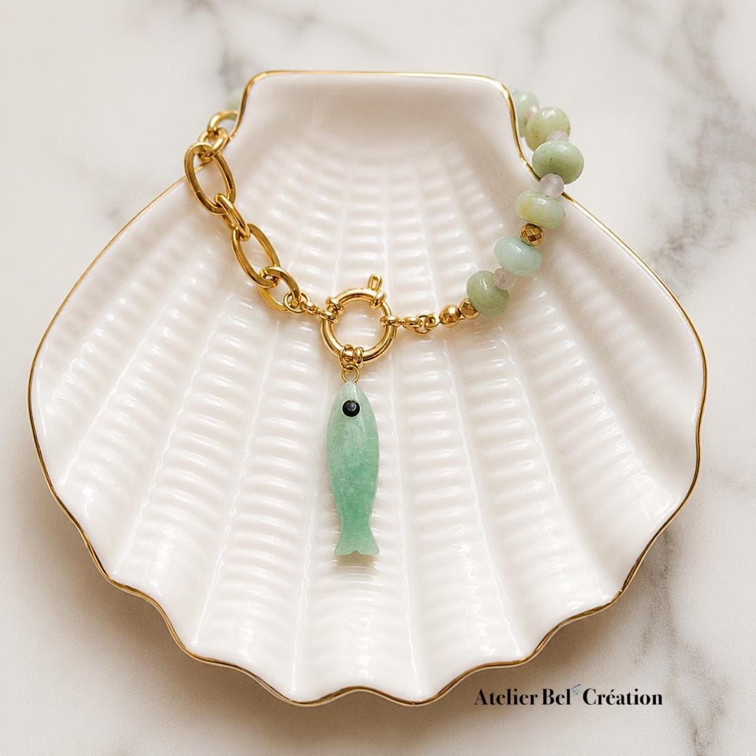 Bi-material necklace, Amazonite and Pink Quartz gemstone, fish pendant, gold-plated stainless steel
