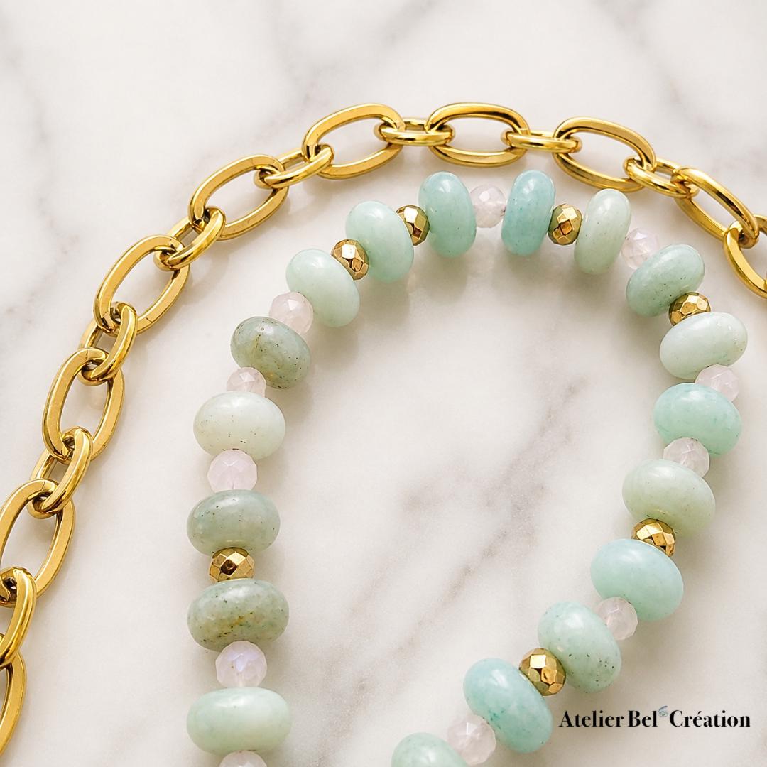 Bi-material necklace, Amazonite and Pink Quartz gemstone, fish pendant, gold-plated stainless steel