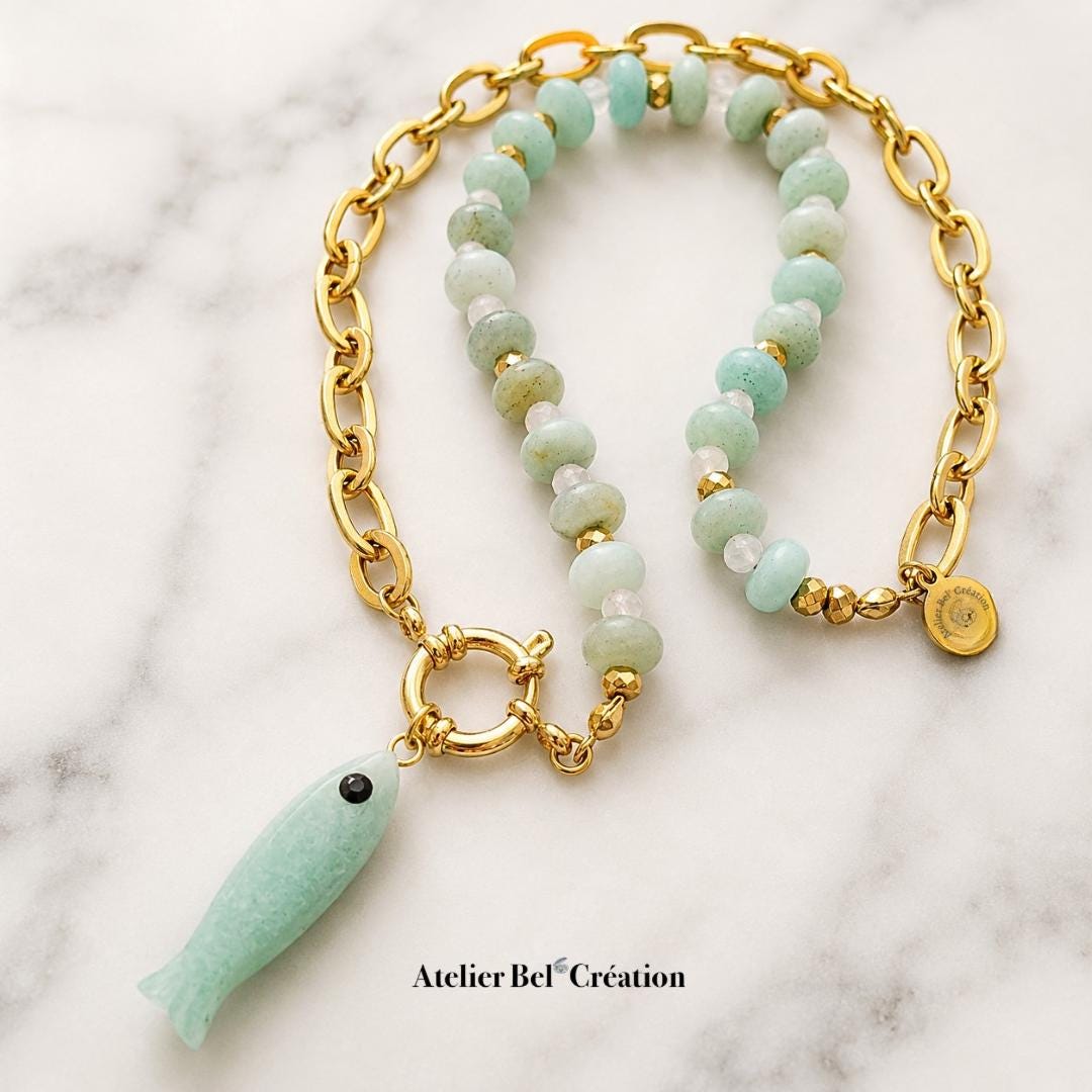 Bi-material necklace, Amazonite and Pink Quartz gemstone, fish pendant, gold-plated stainless steel