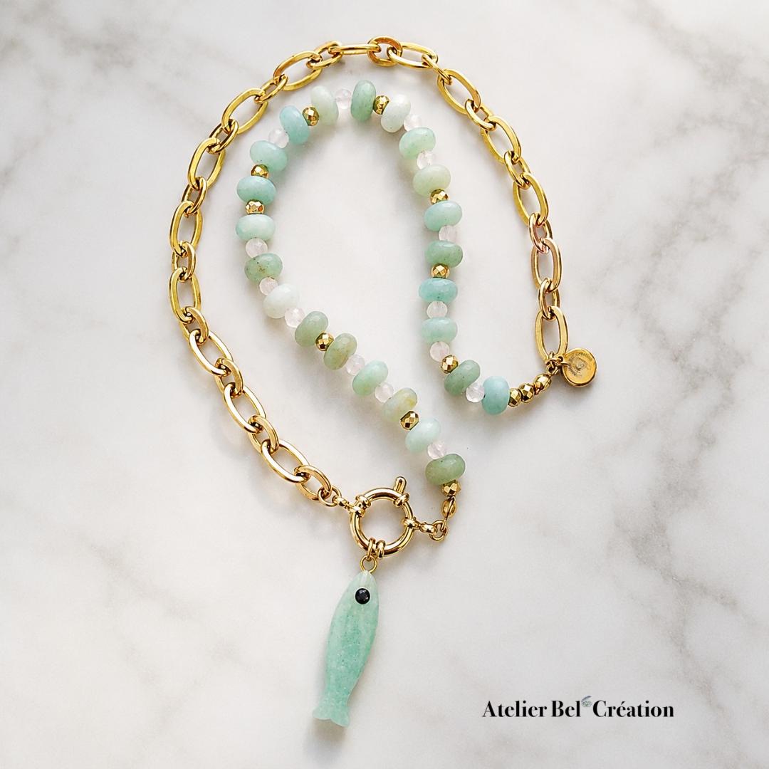 Bi-material necklace, Amazonite and Pink Quartz gemstone, fish pendant, gold-plated stainless steel