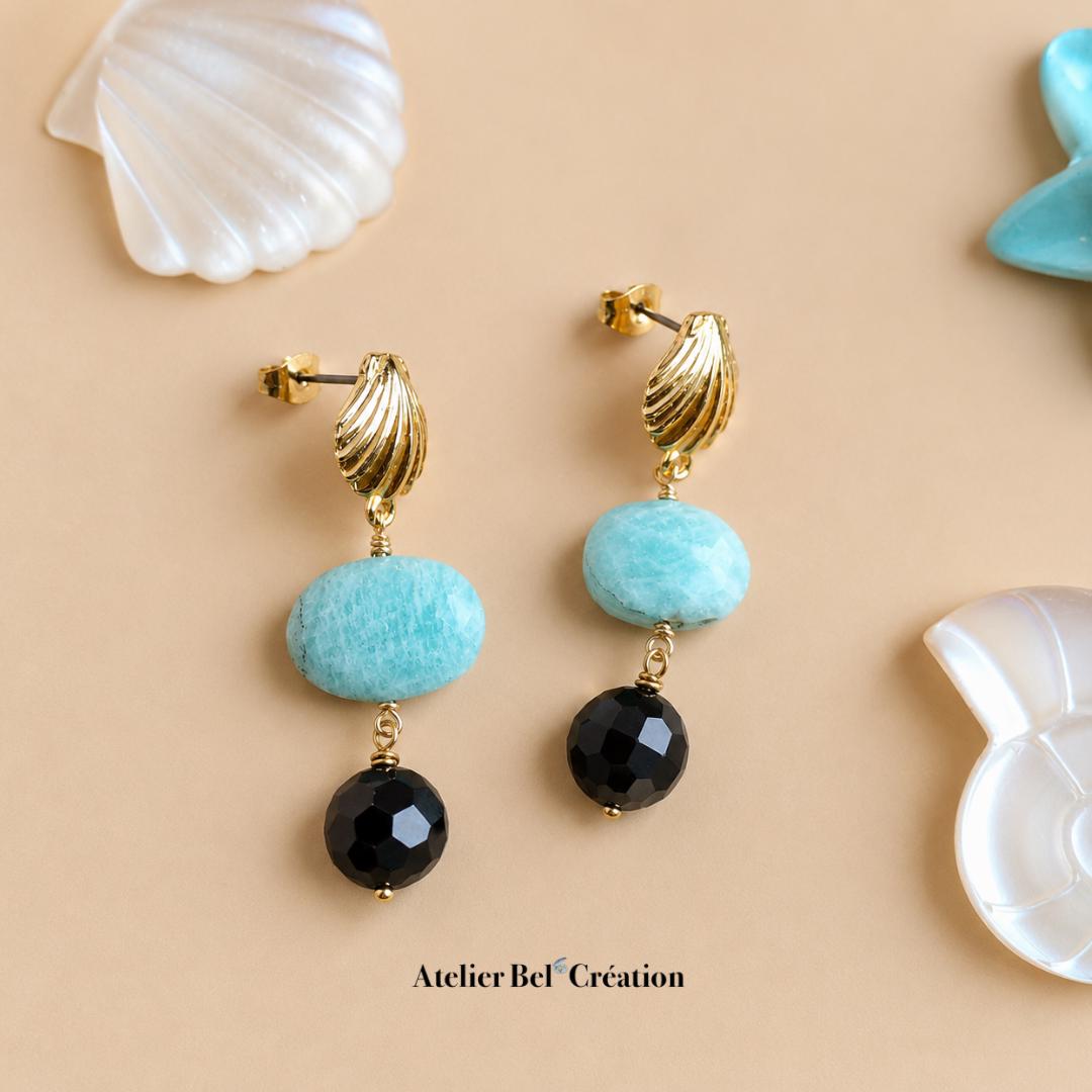 Amazonite Black Onyx Earrings Gold Shell Dangle Earrings Natural Gemstone Boho Coastal Jewelry