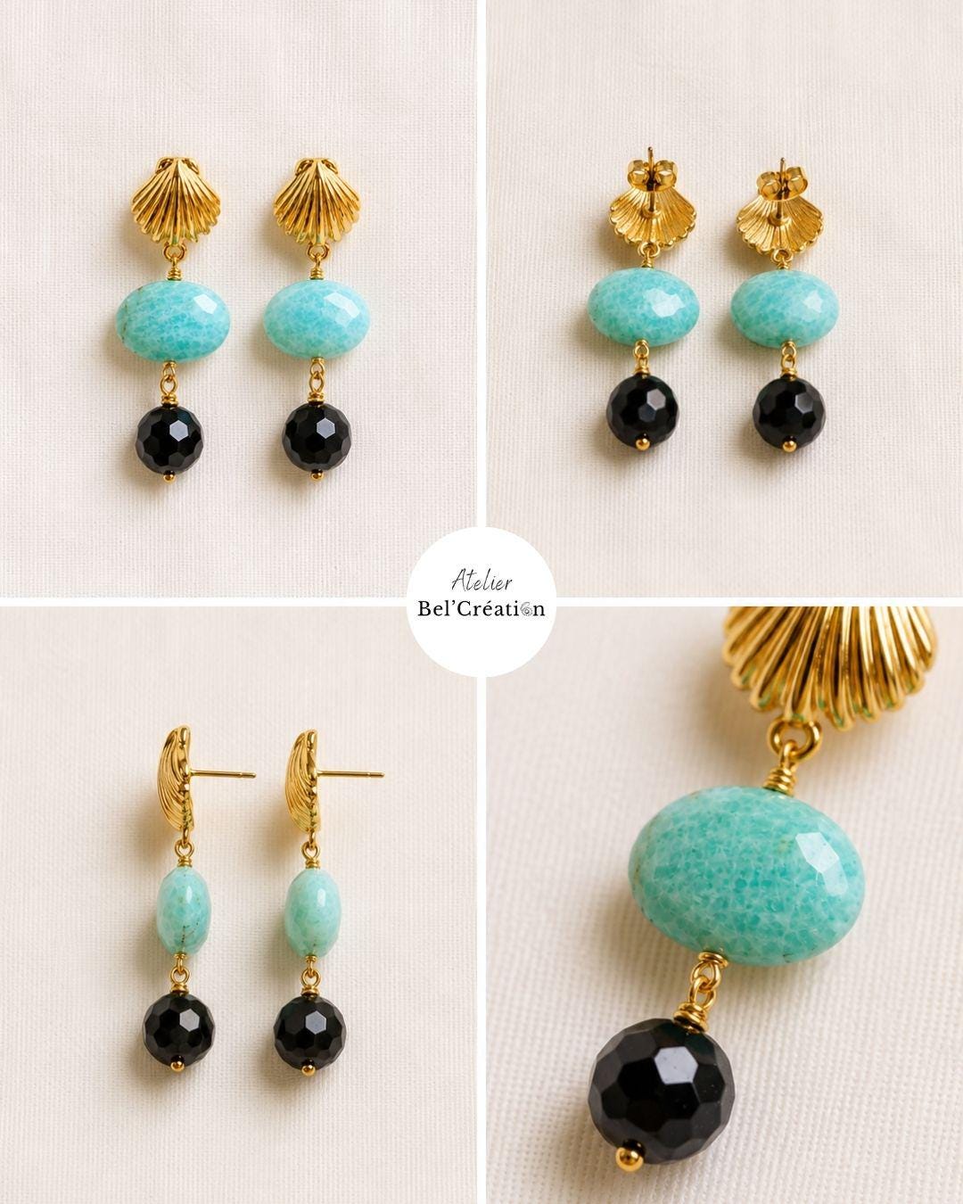 Amazonite Black Onyx Earrings Gold Shell Dangle Earrings Natural Gemstone Boho Coastal Jewelry