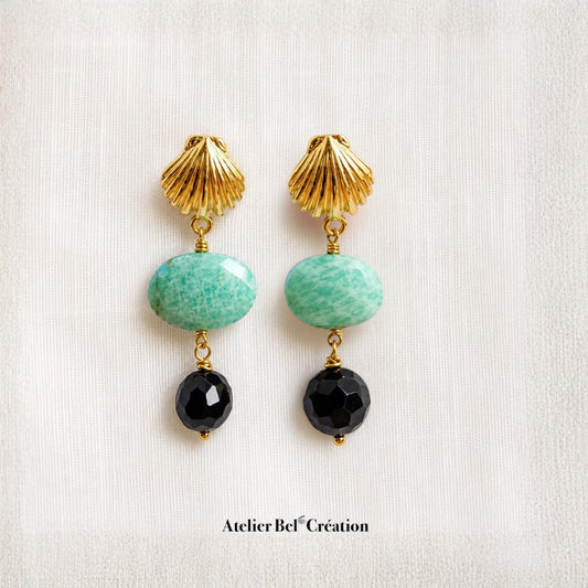 Amazonite Black Onyx Earrings Gold Shell Dangle Earrings Natural Gemstone Boho Coastal Jewelry