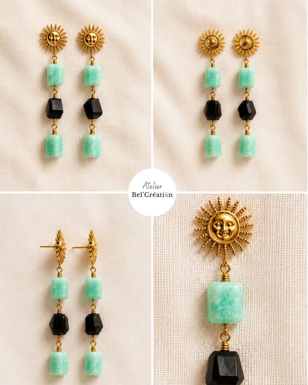 Amazonite Black Onyx Earrings Gold Sun Dangle Earrings Natural Gemstone Boho Statement Jewelry