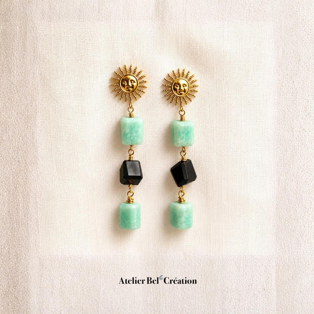 Amazonite Black Onyx Earrings Gold Sun Dangle Earrings Natural Gemstone Boho Statement Jewelry