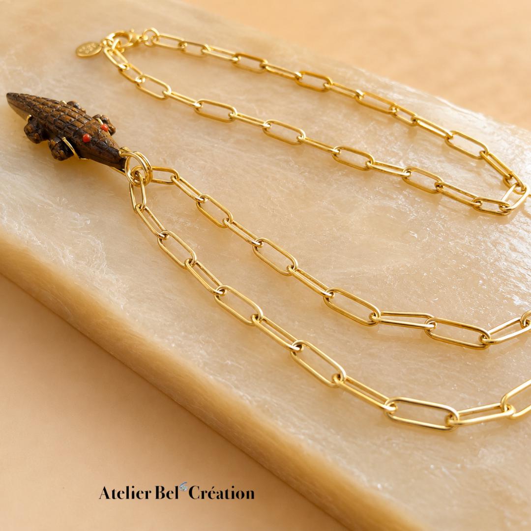 Collier pendentif crocodile Oeil de tigre, Pierre naturelle, acier inoxydable doré, bohème chic femme