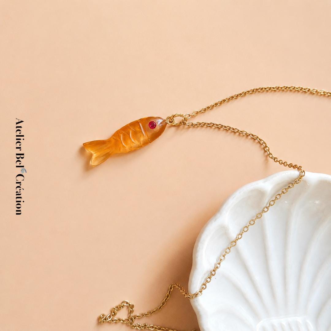 Collier citrine pendentif poisson Pierre naturelle chaîne acier inoxydable dorée
