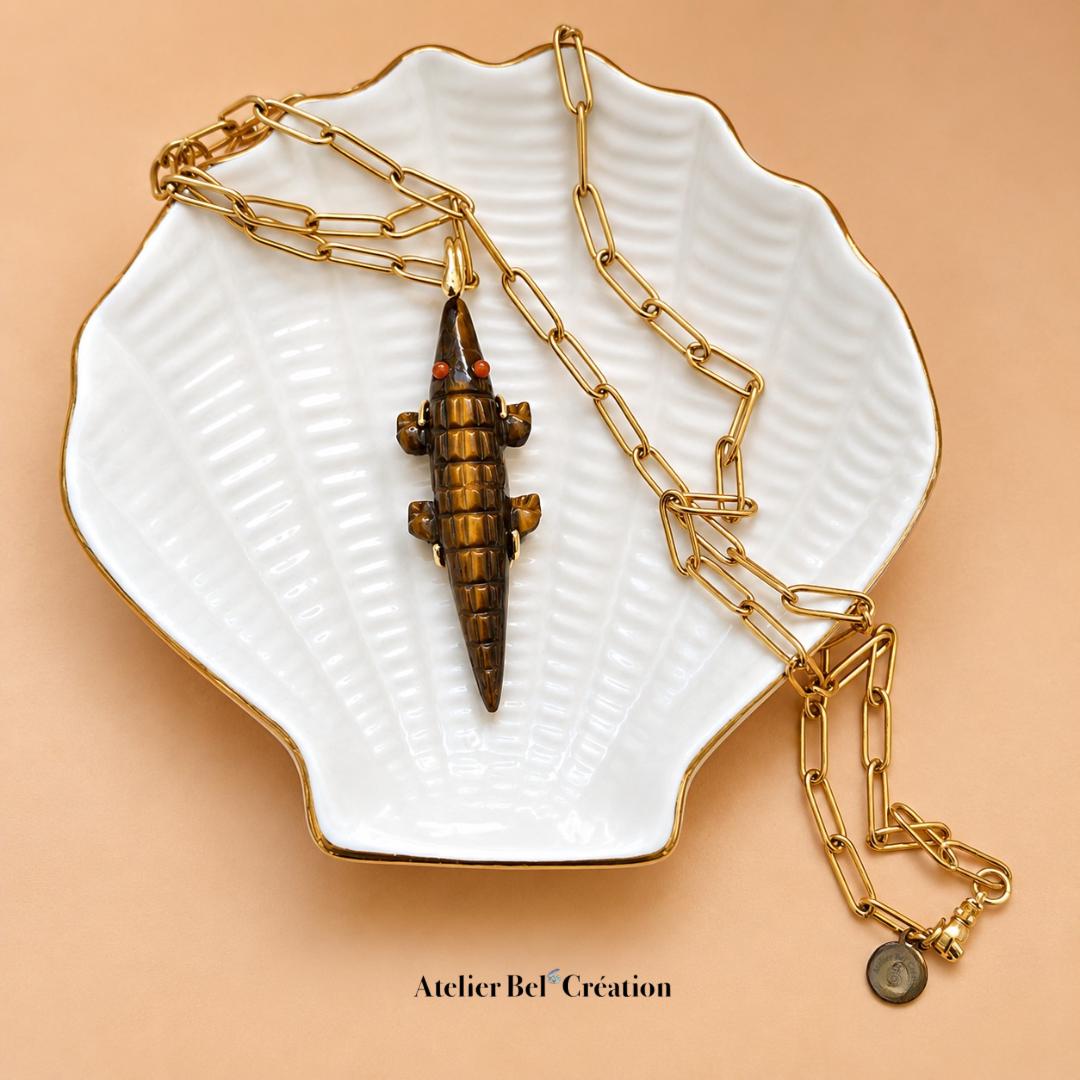 Collier pendentif crocodile Oeil de tigre, Pierre naturelle, acier inoxydable doré, bohème chic femme