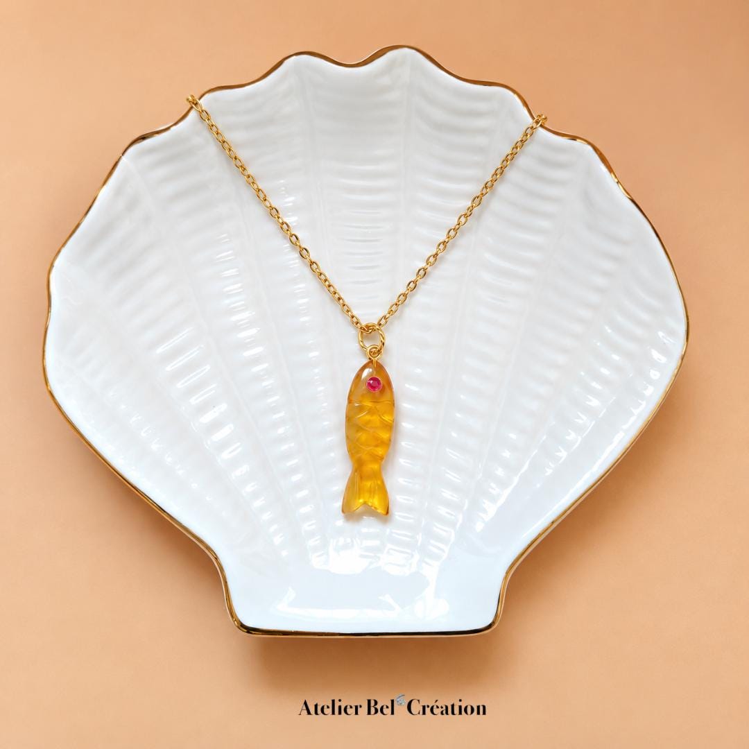Collier citrine pendentif poisson Pierre naturelle chaîne acier inoxydable dorée
