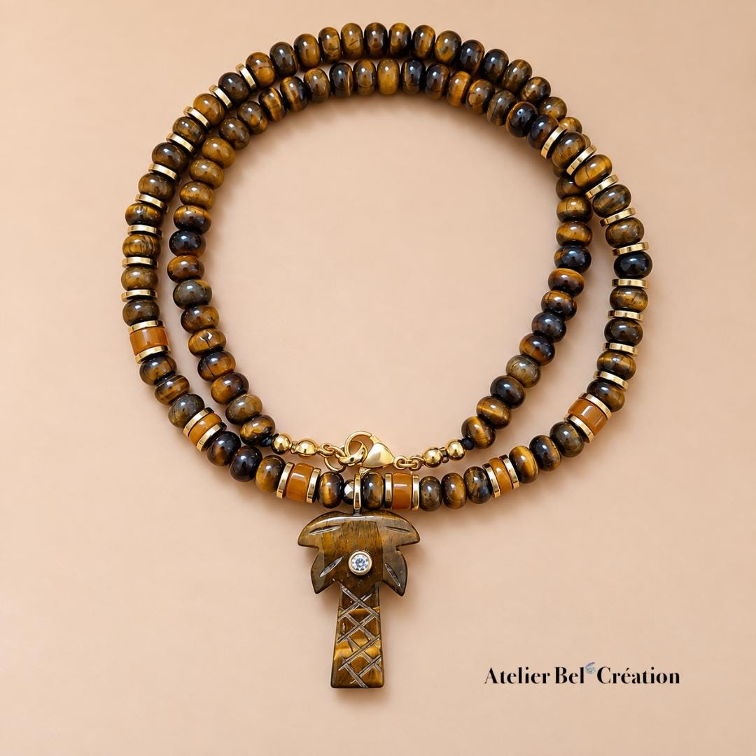 Collier Candy Oeil de tigre Ambre Perles naturelles Pendentif Palmier Bijou élégant Bohème chic protection