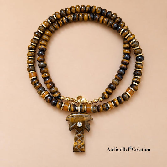 Collier Candy Oeil de tigre Ambre Perles naturelles Pendentif Palmier Bijou élégant Bohème chic protection