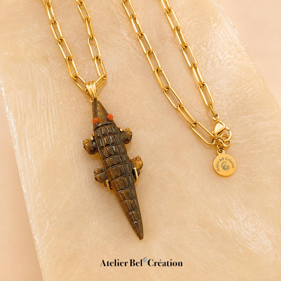 Collier pendentif crocodile Oeil de tigre, Pierre naturelle, acier inoxydable doré, bohème chic femme