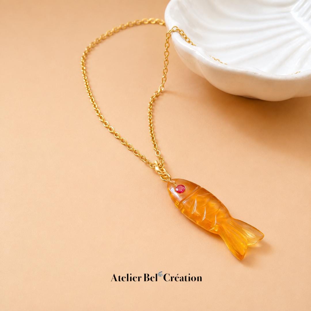 Collier citrine pendentif poisson Pierre naturelle chaîne acier inoxydable dorée