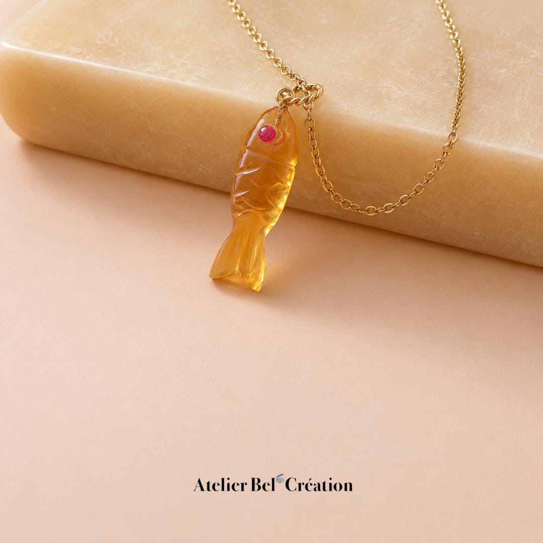 Collier citrine pendentif poisson Pierre naturelle chaîne acier inoxydable dorée