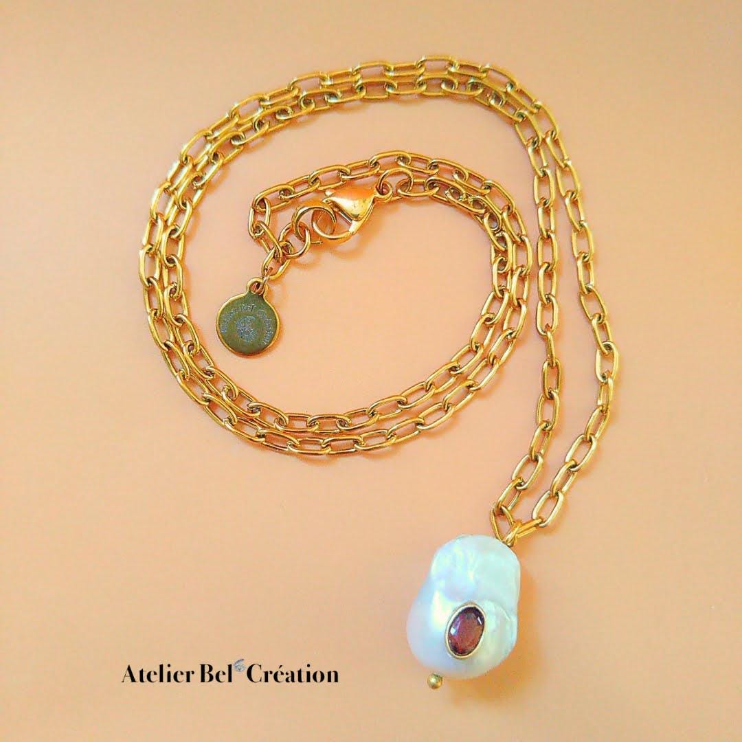 Collier pendentif perle eau douce baroque, Pierre naturelle Cornaline, chaîne dorée acier inoxydable